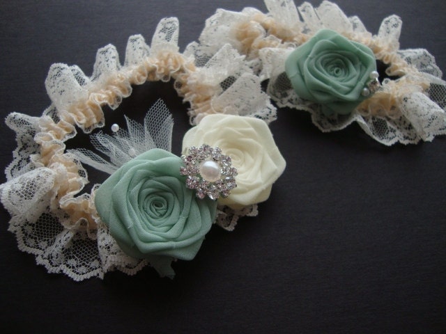 Mint Ivory Rose Lace Garter SET Bridal Bride Silk Something Blue Bud Wedding Flower Pearl Jewel Sage Tulle Cream Green Forest Woodland Royal