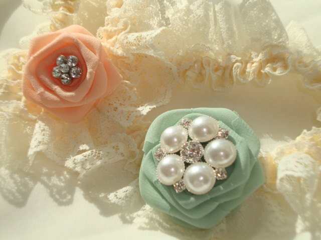 Peach Mint Rose Ivory Lace Garter SET Something Blue Bride Bridal Silk Bud Wedding Flower Rhinestone Coral Salmon Green Woodland Sage Pink