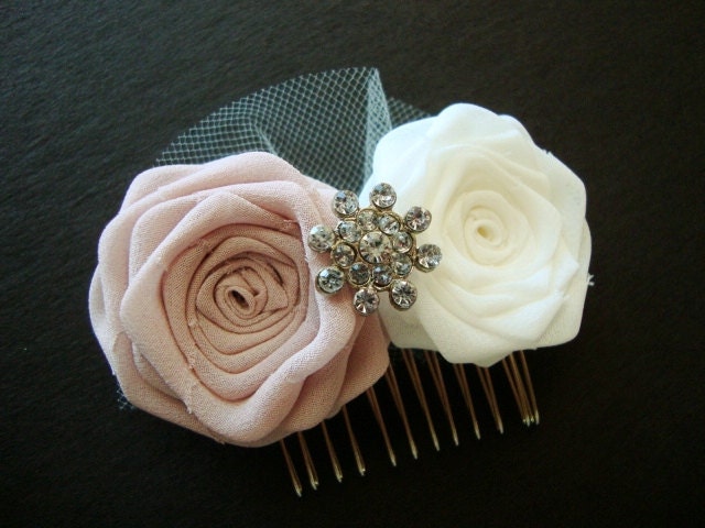 Ivory Cherry Blossom Rose Comb Hair Clip Pin Headband Bride Bridal Silk Bud Wedding Shower Rehearsal Dinner Invitation Flower Pink Blush
