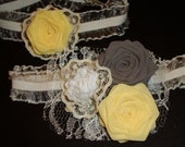 Gray Yellow Rose Ivory Garter SET Bride Bridal Silk Wedding Dove Marigold Vintage Lace -Select your colors -(include toss garter)