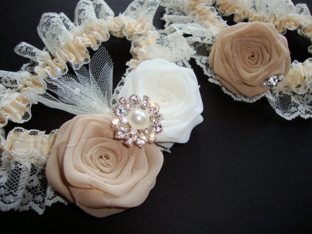 Champagne Ivory Rose Lace Garter SET Something Blue Bride Bridal Silk Wedding Flower Milk Cream Pearl Jewel Latte Taupe Teal Navy Royal