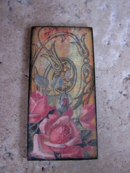 Rose Pendant 1X2 NEW Custom Drilled Ephemera Rose Tile