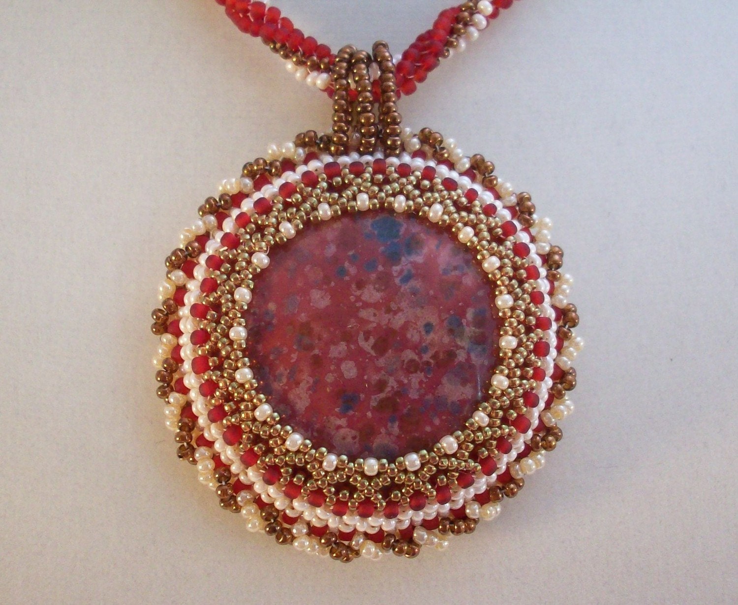 Beadwoven Kazuri Bead Pendant Necklace Red Cream Bronze