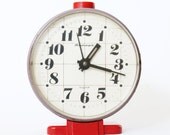 Pink alarm clock Jantar from Soviet Union era, mechanical clock purple violet rose color