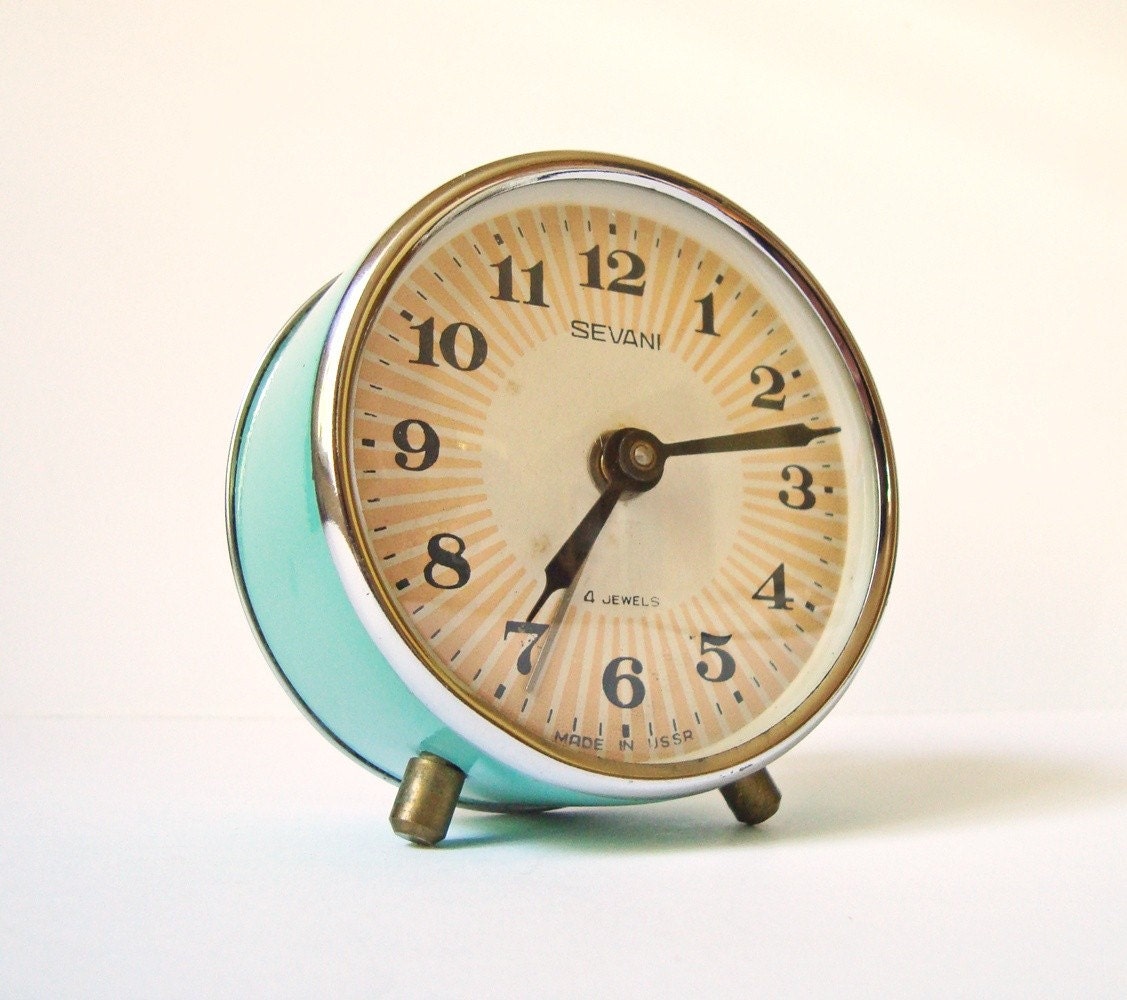 Vintage mechanical alarm clock Sevani from Armenia Soviet Union USSR turquoise color