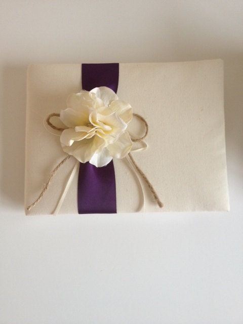 Rustic Wedding Guest Book - Cream Ivory Hydrangeas - Eggplant Purple Ribbon With Ivory Ribbon and Rope Bow - Handmade - FREE Shipping