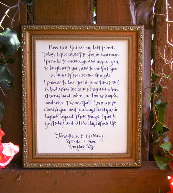 Handwritten Calligraphy for Wedding Vows, Baby Name, Poem, Quote, Song 8" x 10"