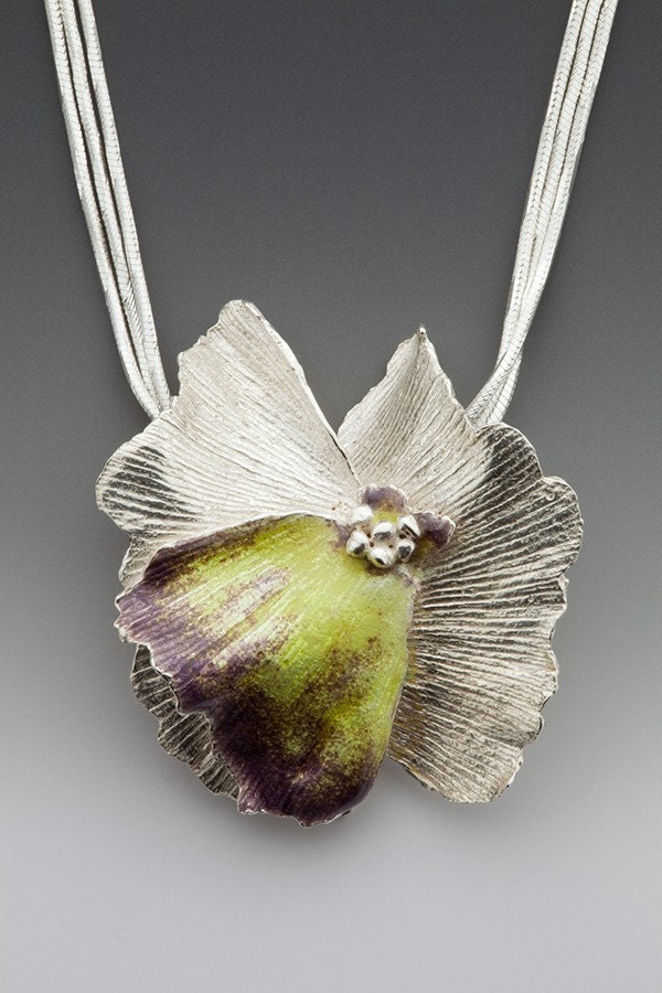 silver flower necklace, plum, yellow enamel, eco friendly, made in america number 5
