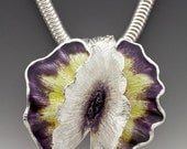 silver flower enamel necklace, eco friendly, valentine, purple, yellow enamel, statement necklace, wedding, academy awards, made in america