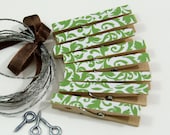 Clothesline Kit. Green Damask Clothespins and Hanging Wire
