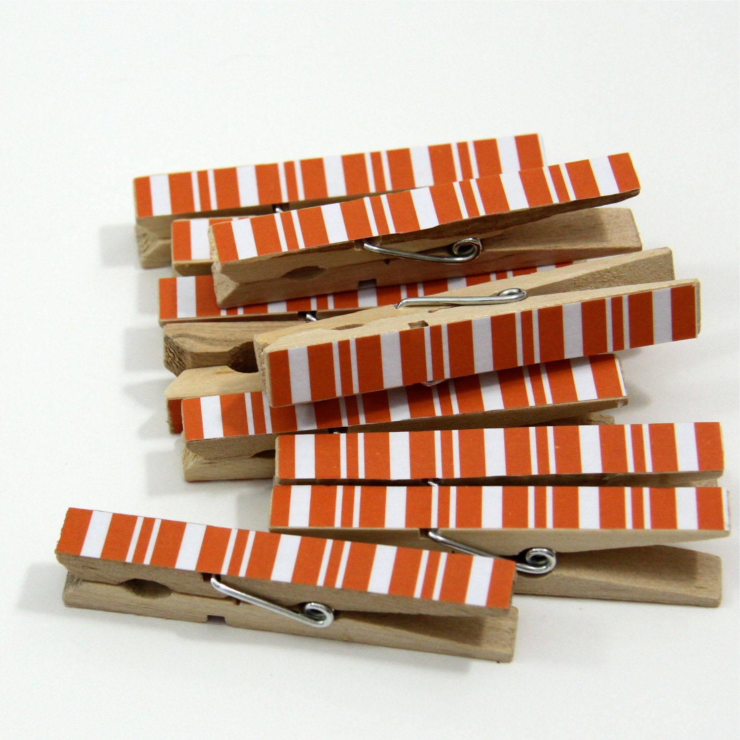 Clothespins.  Set of Ten. Orange Stripe