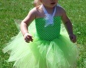 Tinkerbell Crochet Tutu Halter Dress And Matching Hair Puff Clips - Size NB to 24 Months