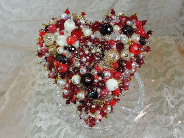HEART ORNAMENT Red Gold OOAK Valentine Gift Wedding Decoration Cake Topper