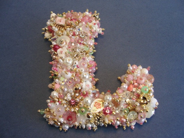 MONOGRAM  CAKE Topper 4 1/2 inches Custom Order  Vintage Jewelry Rhinestones Pearls Anitque Buttons