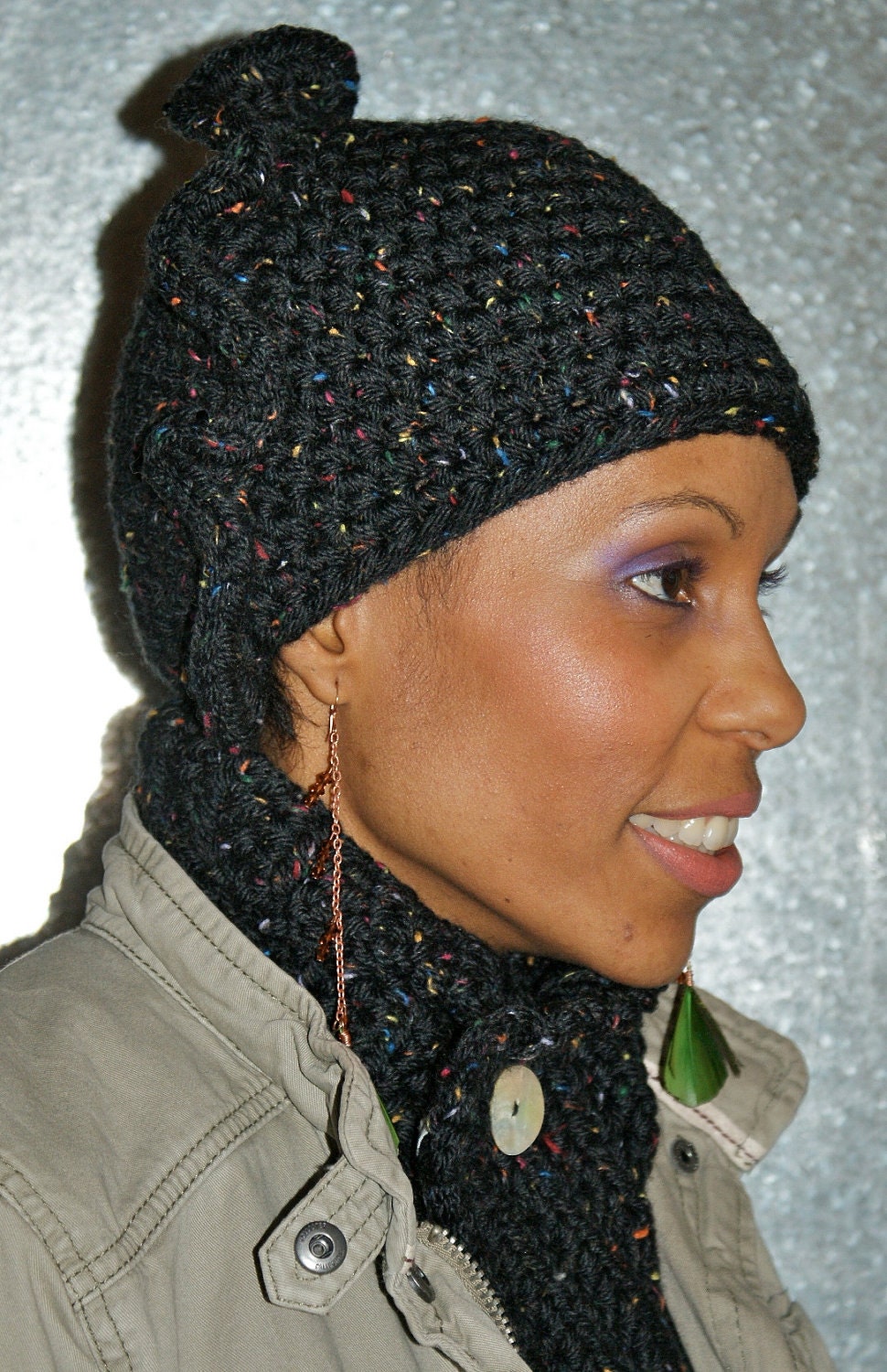Ruffle Hat & Scarflette Set in Black Jellybean Tweed-SALE
