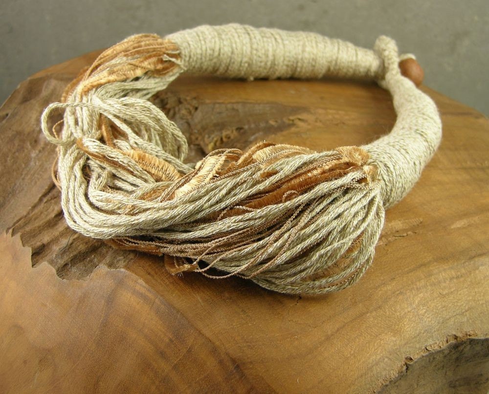 textile necklace - skinny scarf - scarflette - ethnic inspired - necklace scarf - in ecru and beige ochre - repurposed textiles