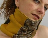 cowl tube scarf neck warmer unisex  recycled wool patchwork brown women mustard yellow paisley retro motif  tagt team curationnation