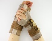 arm warmers fingerless mittens fingerless gloves arm cuffs recycled wool cream beige plaid fall eco friendly tagt team curationnation