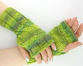 knit fingerless mittens fingerless gloves wrists warmers gauntlets merino wool women green lime olive - piabarile