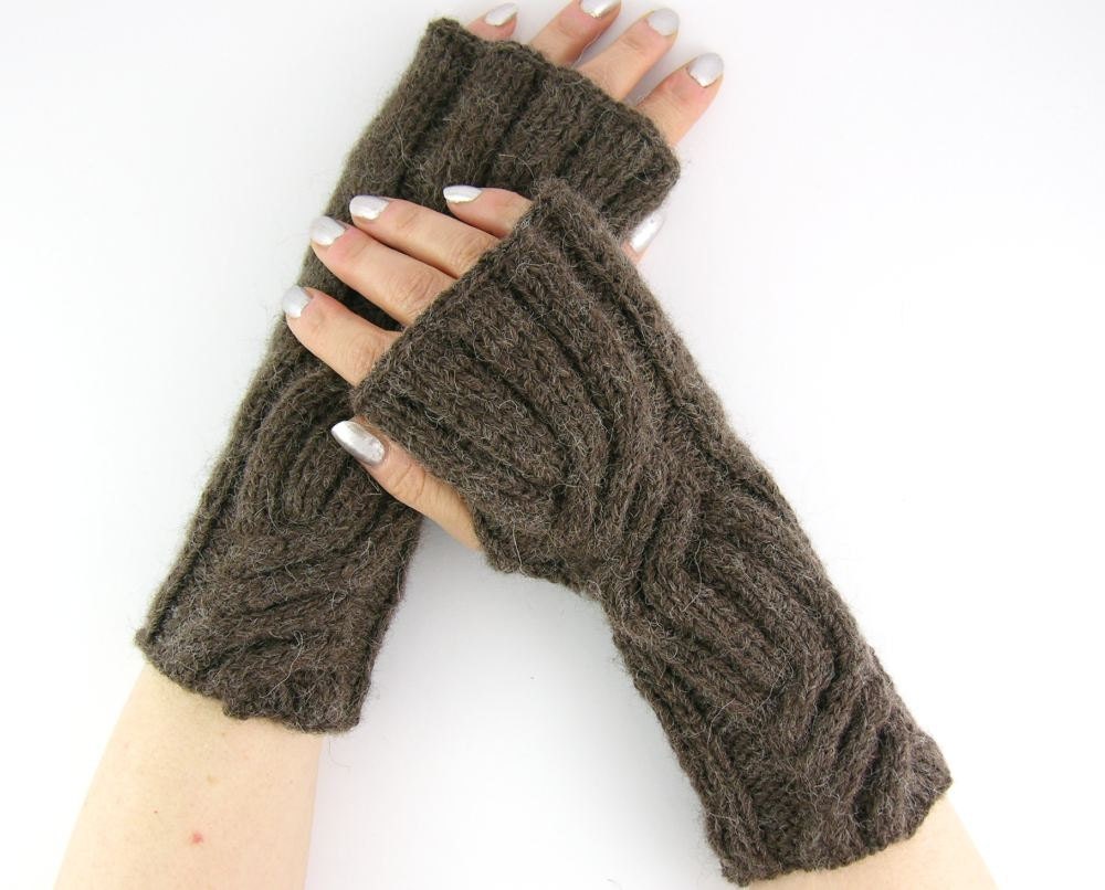 knit arm warmers cable knit  fingerless gloves knit mittens dark coffee chocolate brown   alpaca mix unisex men women curationnation