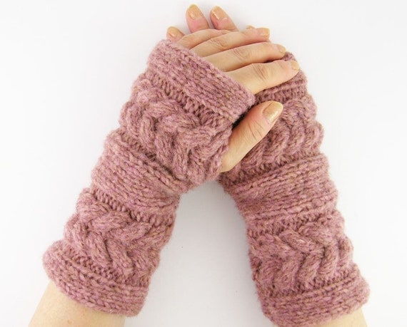 LAST PAIR - Cable knit fingerless gloves arm warmers fingerless mittens old rose chunky soft fall winter fashion tagt curationnation