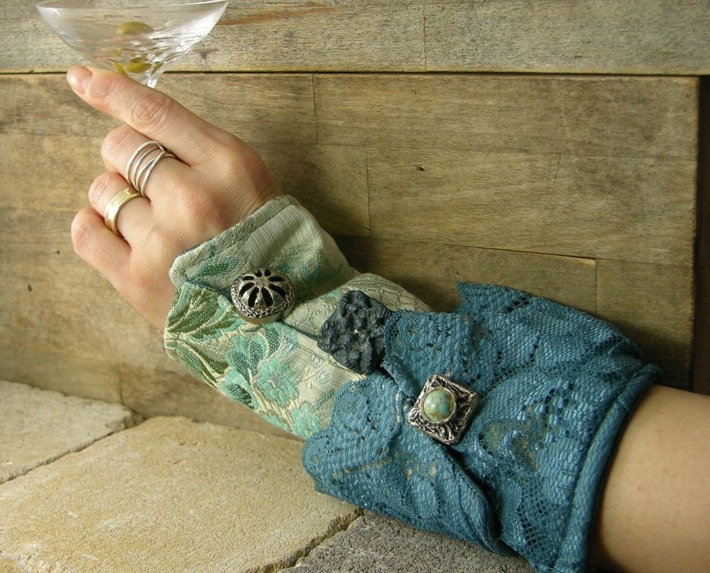 victorian romantic steampunk arm cuff in blue repurposed cotton lace silk recycled eco friendly
