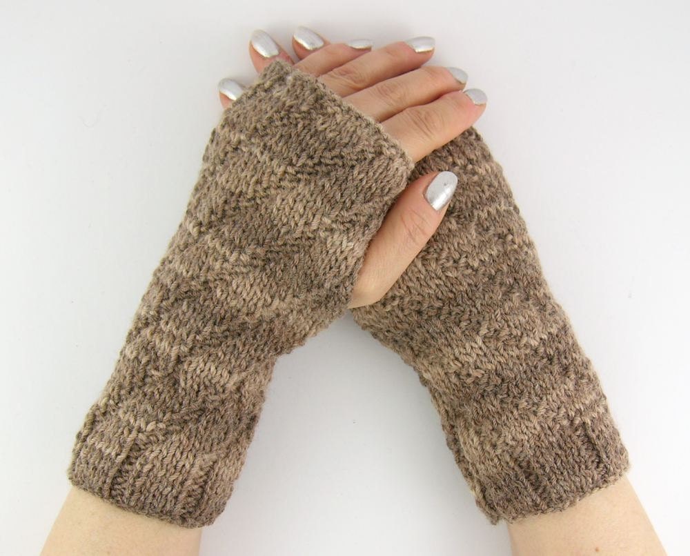 knit fingerless mittens knit fingerless gloves wrists warmers gauntlets merino wool neutral brown unisex for him for her curationnation