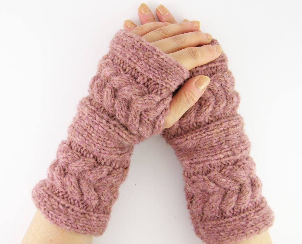 LAST PAIR - Cable knit fingerless gloves arm warmers fingerless mittens old rose chunky soft fall winter fashion tagt curationnation