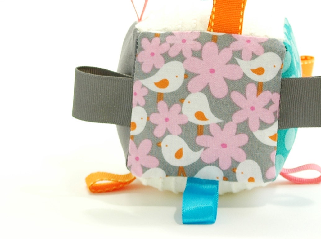Soft Baby Block Ribbon Toy Birds Hearts Dots Pink Gray Teal with Rattle