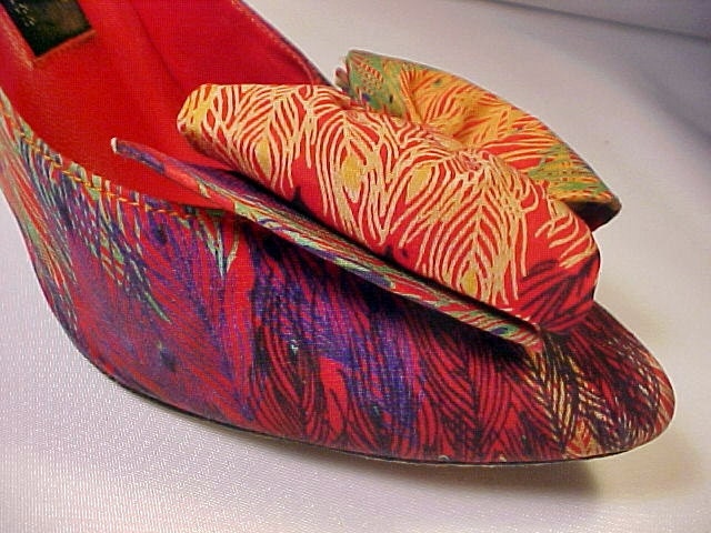 Vintage Silk Peacock Stilettos, 5 1/2 US, Pumps, Spike Heels