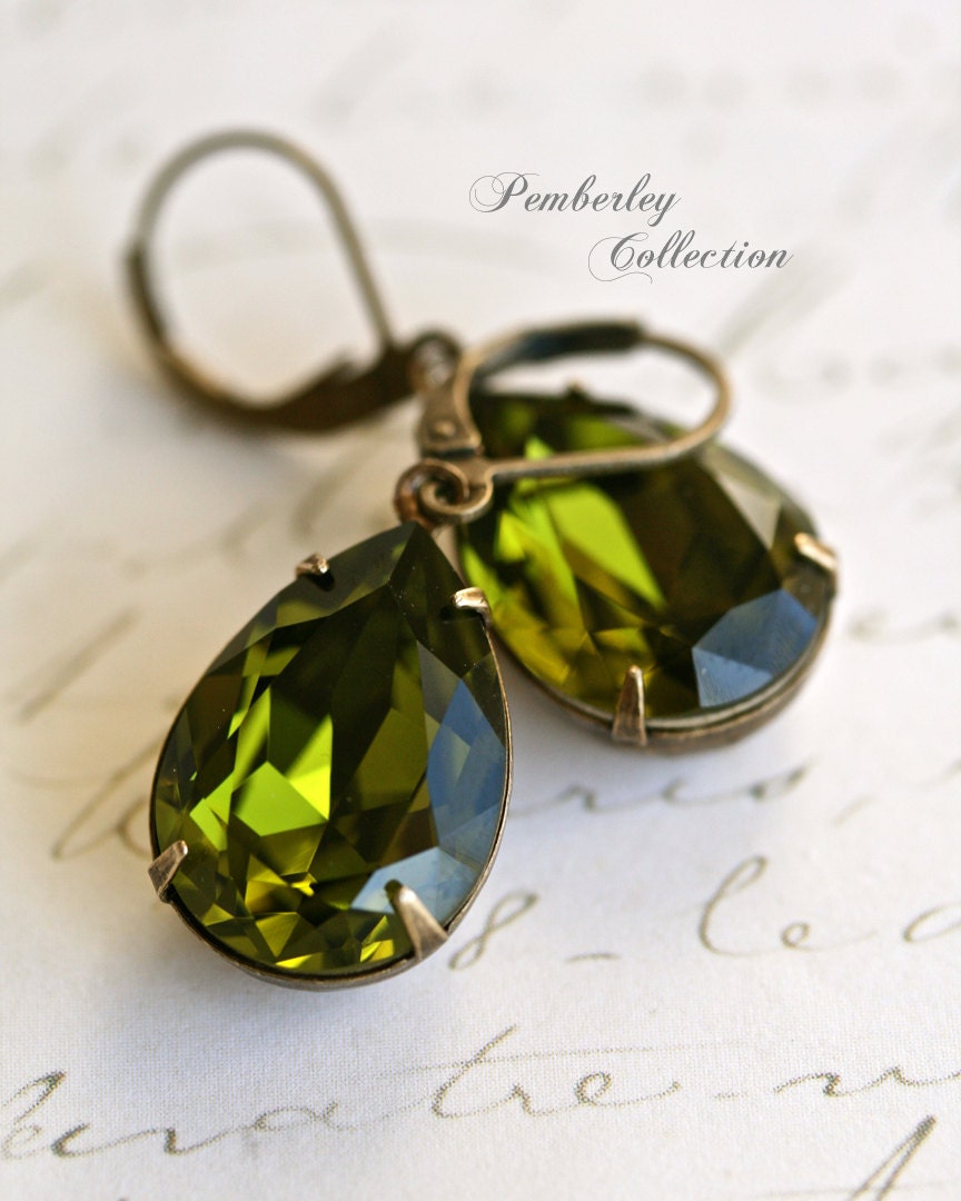 Olivine Swarovski Crystal Earrings, Vintage Style, Tear Drop