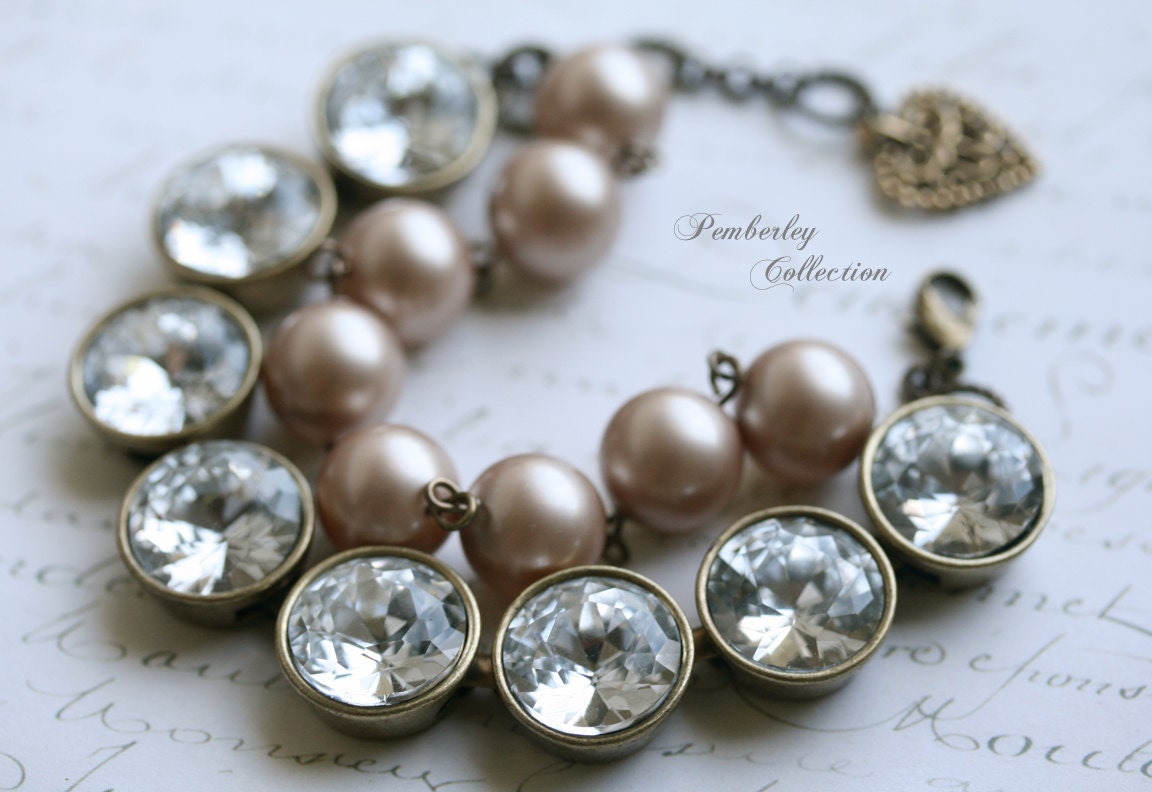 Crystal Bracelet, Rhinestone Bracelet, Swarovski Pearl Bracelet, Estate Style Bracelet, Blush Wedding