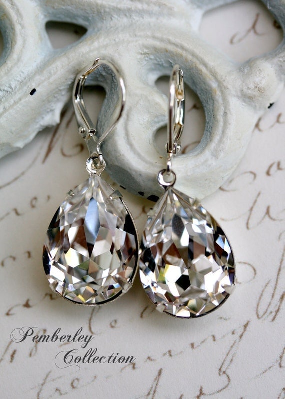 Bridal Earrings, Swarovski Crystal Earrings, Estate Style, Diamond Clear, Tear Drop