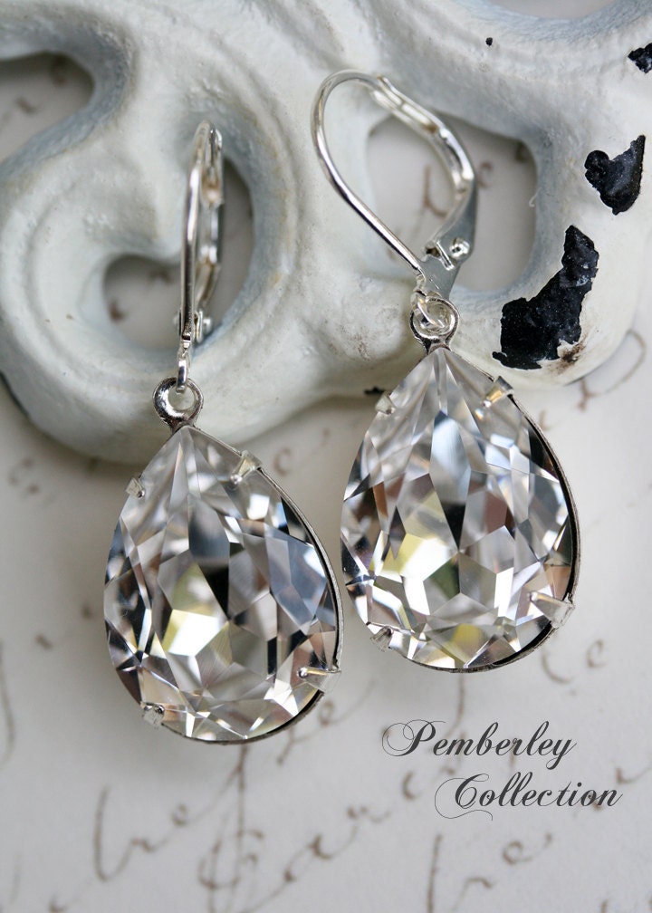 Bridal Earrings, Swarovski Crystal Earrings, Estate Style, Diamond Clear, Tear Drop