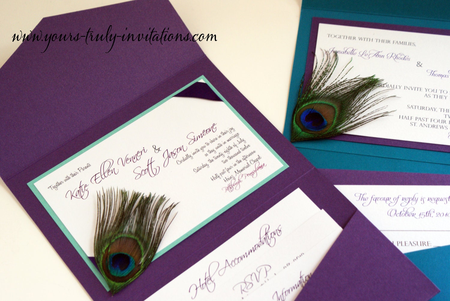 Peacock Feather Wedding invitation suite with Corner Feather in Purple and Peacock Blue