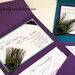 Peacock Feather Wedding invitation suite with Corner Feather in Purple and Peacock Blue