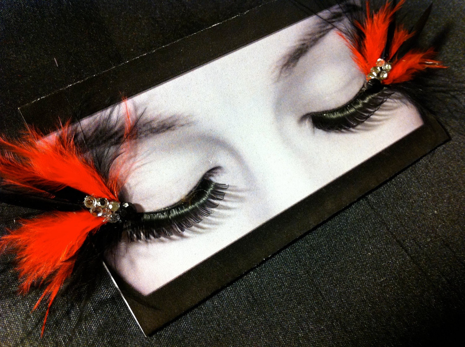 Bright Red-Orange and Black Feather False Eyelashes