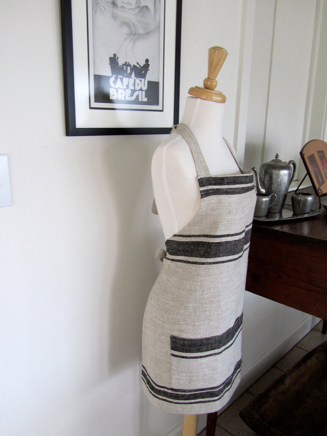 Full Apron Lithuanian Linen Black Striped Natural Chef Gourmet