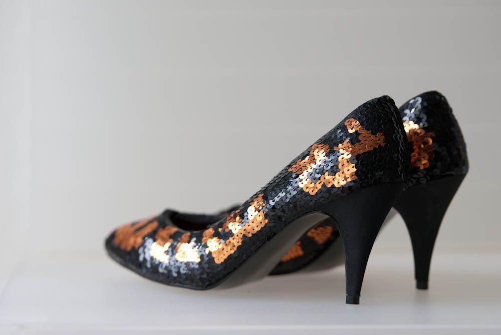 vintage sequin glitter leopard black copper high heels party disco 7.5 never worn