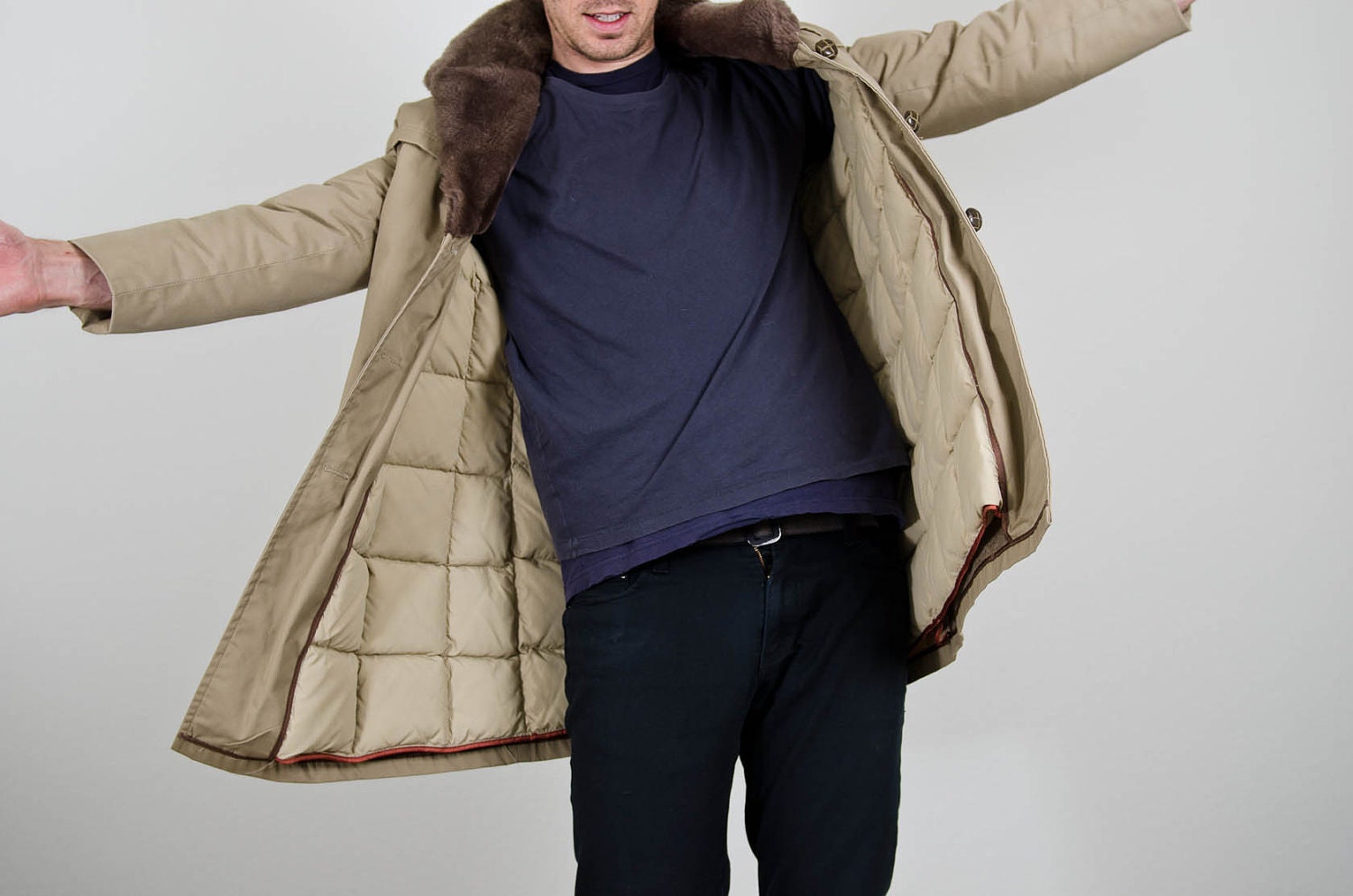 vintage orvis goose down sheepskin fur collar khaki winter field jacket coat medium large - charlesvintage