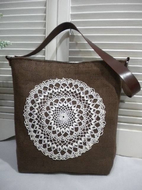 Brown French Burlap Bag / Hobo Bag with Crochet Doily and Leather Straps