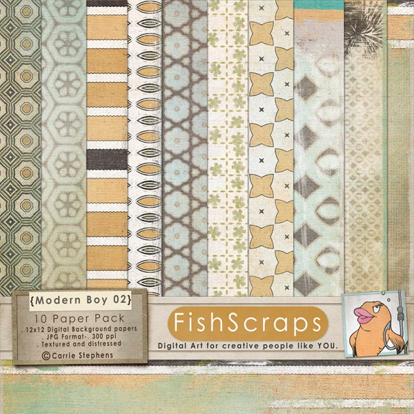 Modern Boy 2 Digital Paper - Fathers Day - Shabby Distressed - Masculine Man - Retro, Vintage Pattern - Yellow, Green Teal and Brown Il_170x135