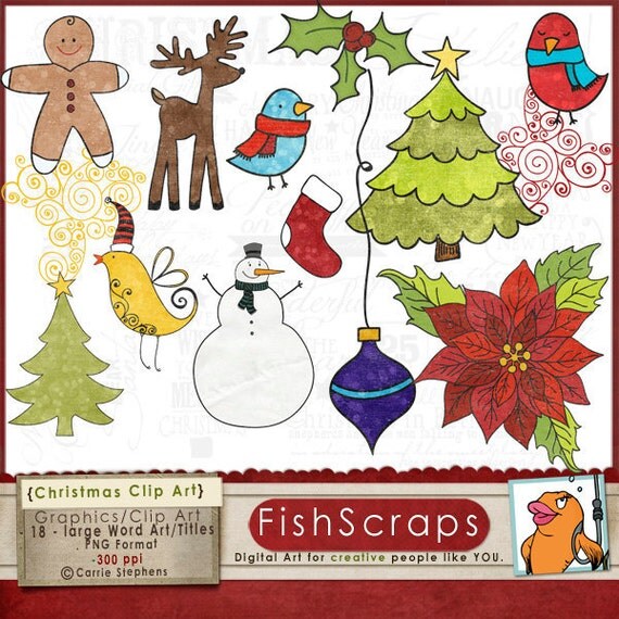 Christmas Clip Art - Digital Graphics - Holiday ClipArt - Pointsettia - Christmas Tree - Snow Man - Deer - Ornament - Gingerbread Man Il_570xn