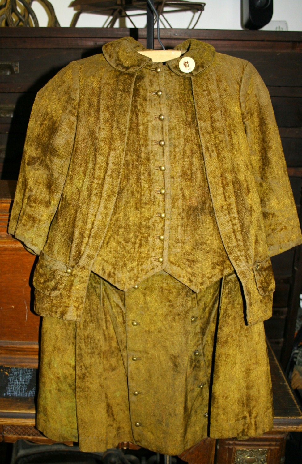 1800s 1900s Original Childs Outfit 2 pc. Green velvetine Brass Buttons