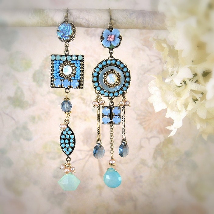 Elysium Asymmetrical Mismatch Earrings - Bohemian Wedding - Boho Chic - Micro Mosaic Earrings - Unique Blue Earrings