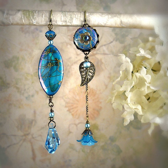 Daybreak (Ocean Blue Version) - Mermaid Jewelry - Blue Earrings - Beach Wedding - Shell Earrings - Boho Bride - Flower Leaf Earrings