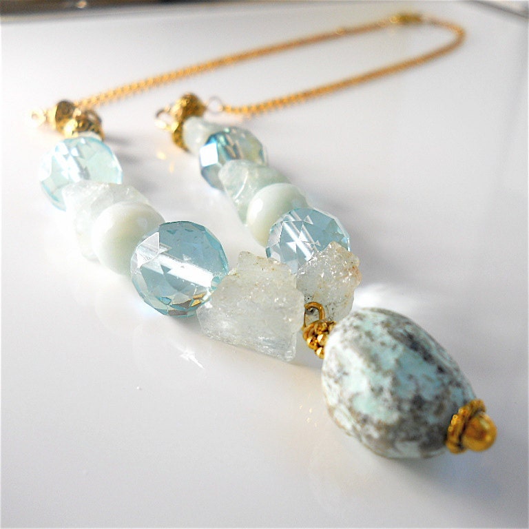 Betty's Aquamarine Gemstone Turquoise Necklace Chunk Pendant, Czech Glass, Sea Glass, Beach Glass