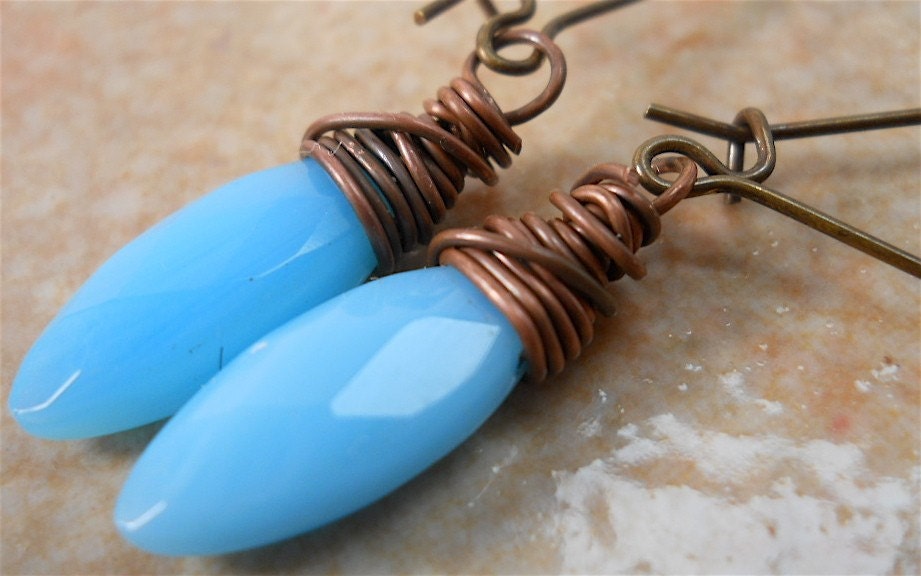 TURQUOISE Blue  Faceted Marquise Glass and Copper Wire Wrapped Earrings.