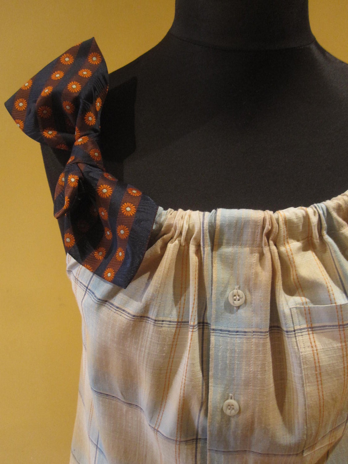 Plaid Upcycled Boyfriend Tank Top Blouse in Blue and Tan with Two Changeable Necktie Shoulder Straps - Womens Upcycled Clothing