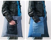 Messenger Bag Denim and Check, Destressed Patchwork - Blue and Black Denim, White and Navy fabric